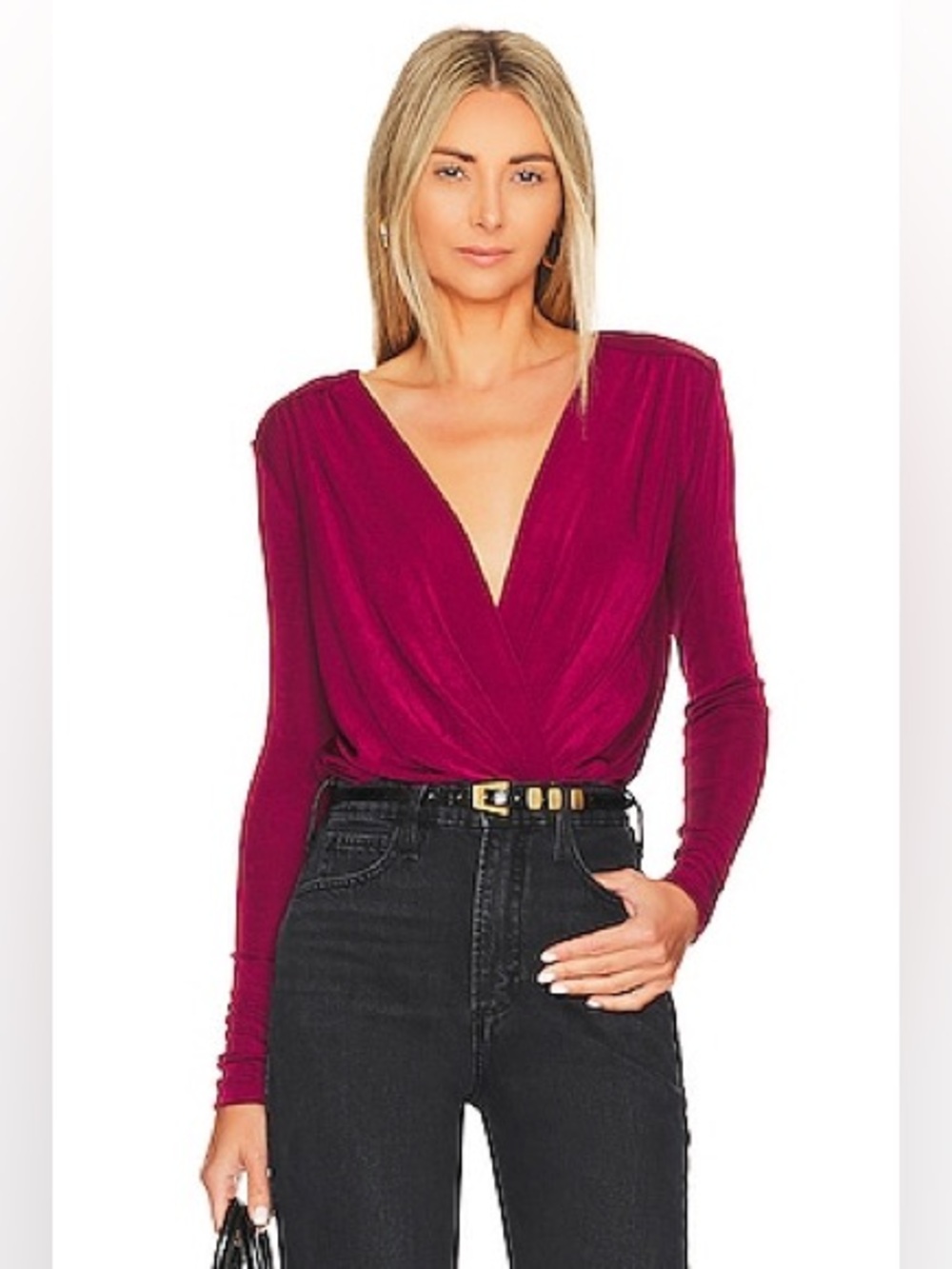 NWT Free People Turnt Bodysuit Dark Rhubarb Deep V Long-Sleeve Top in Berry